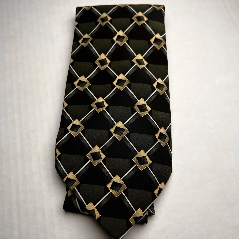 Urban Canvas men's necktie green black gold diamonds handmade 100% silk